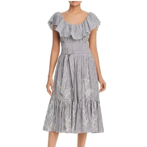 Tory Burch Dresses & Skirts - NWT Tory Burch Eyelet Embroidered Seersucker Midi On Off Shoulder Ruffle Dress 4